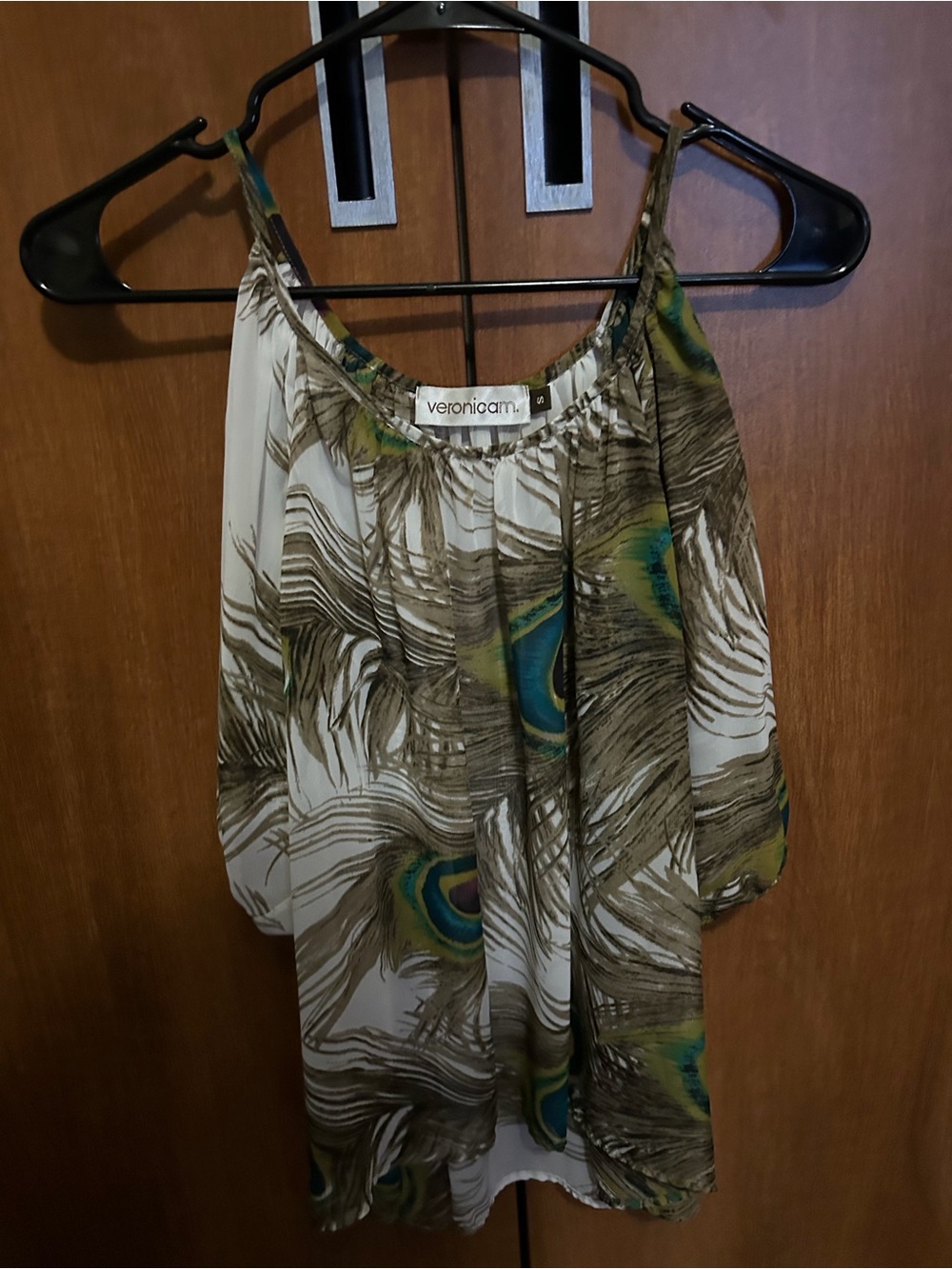 Veronica M Peacock Feather Print Cold Shoulder Tunic Blouse Top Blue Green S
